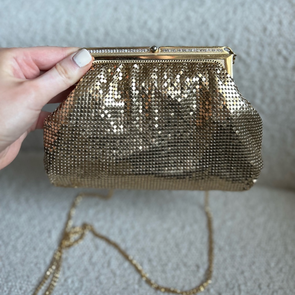 Vintage Whiting & Davis Gold Mesh Small Bag With Long Shoulder Chain